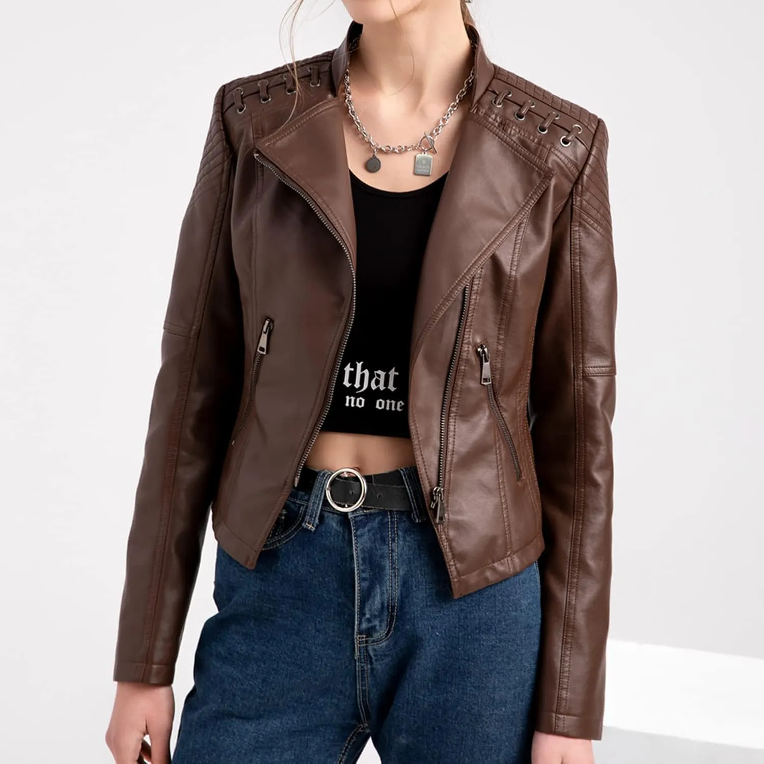 Lu's Chic Women's Motorcycle Jacket Fashion Dressy Vegan Leather Biker Coat Light Slim Fit Crop Blazer Moto Jacket