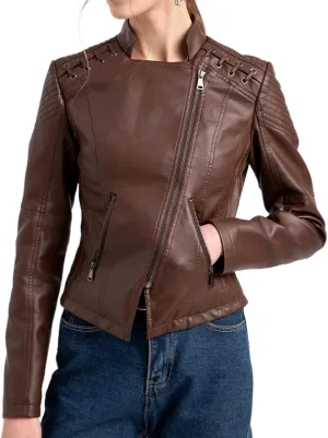 Lu's Chic Women's Motorcycle Jacket Fashion Dressy Vegan Leather Biker Coat Light Slim Fit Crop Blazer Moto Jacket