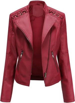 Lu's Chic Women's Motorcycle Jacket Fashion Dressy Vegan Leather Biker Coat Light Slim Fit Crop Blazer Moto Jacket