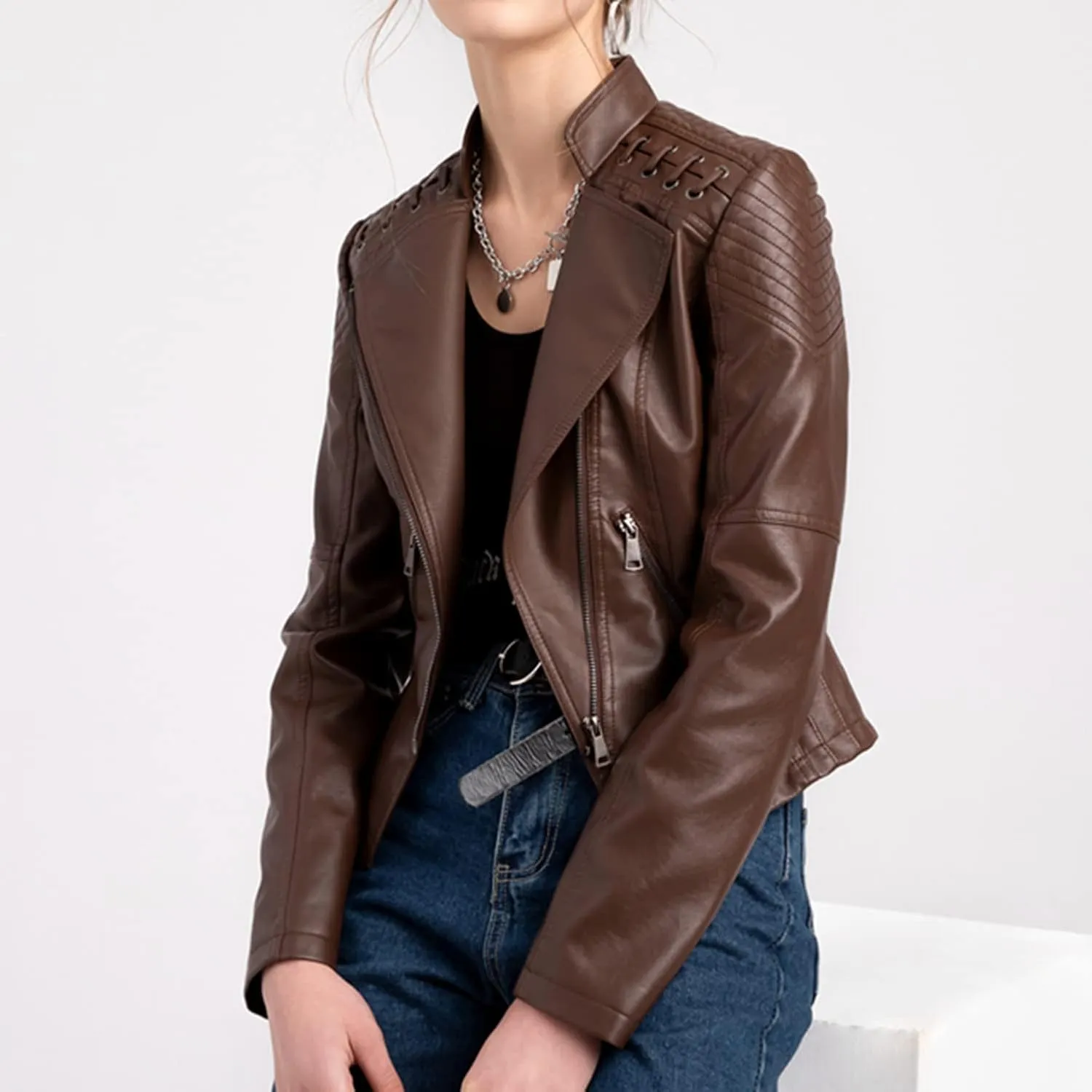 Lu's Chic Women's Motorcycle Jacket Fashion Dressy Vegan Leather Biker Coat Light Slim Fit Crop Blazer Moto Jacket