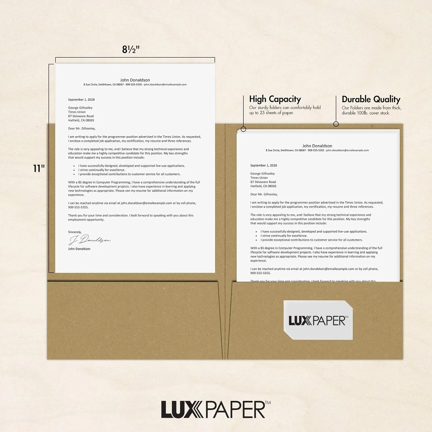 LUXPaper 9" x 12" Presentation Folders | Two Pocket | Grocery Bag Brown | 18pt. Cover | 50 Qty
