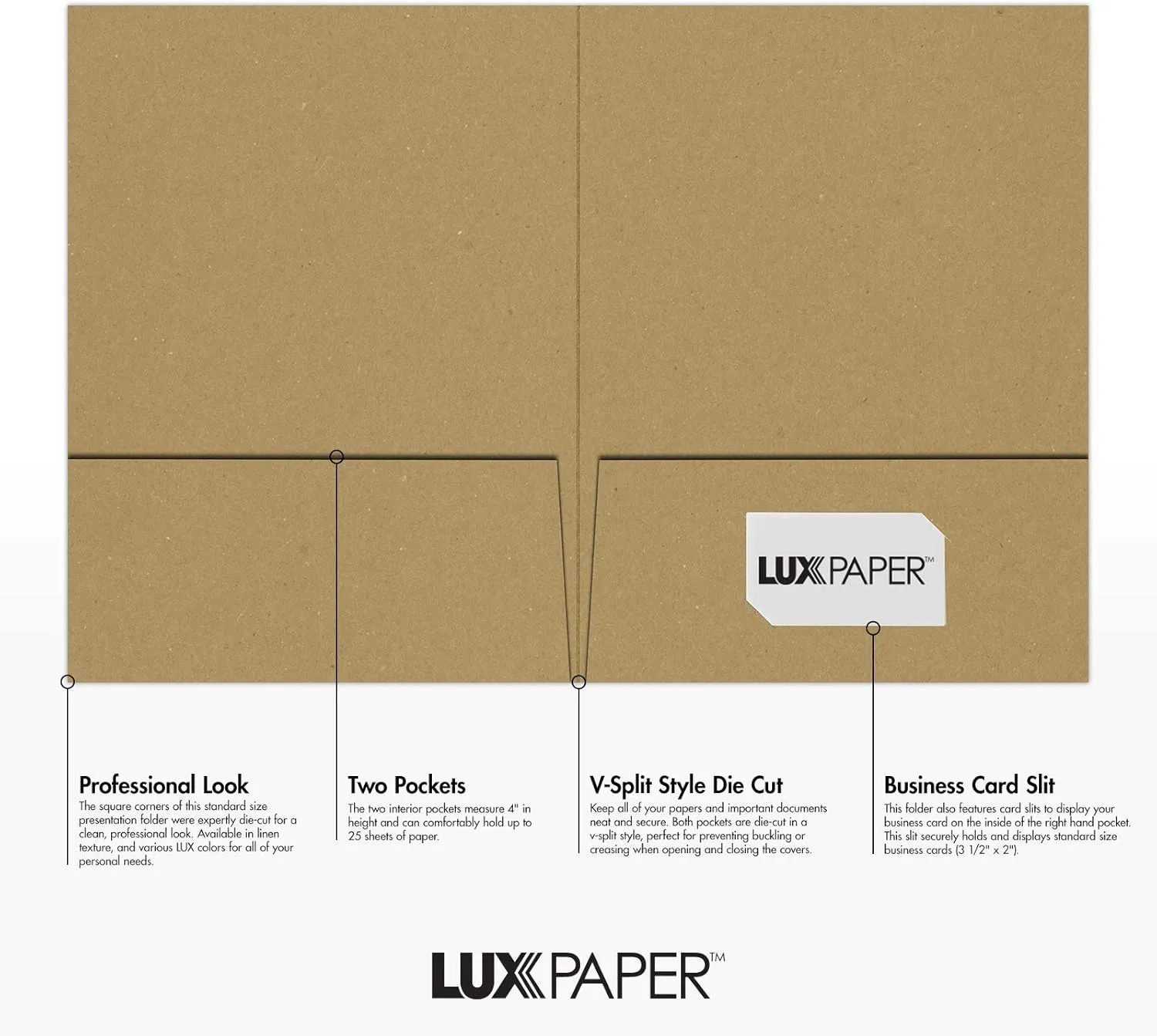 LUXPaper 9" x 12" Presentation Folders | Two Pocket | Grocery Bag Brown | 18pt. Cover | 50 Qty