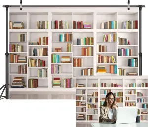 LYWYGG 7X5FT Bookshelf Backdrop Bookcase Backdrop Library Office Background for Video Conference Vintage Party Books CP-259 White
