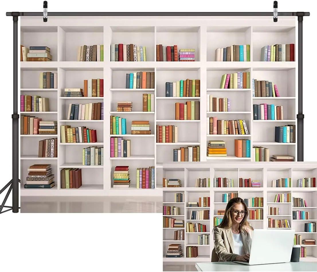 LYWYGG 7X5FT Bookshelf Backdrop Bookcase Backdrop Library Office Background for Video Conference Vintage Party Books CP-259 White