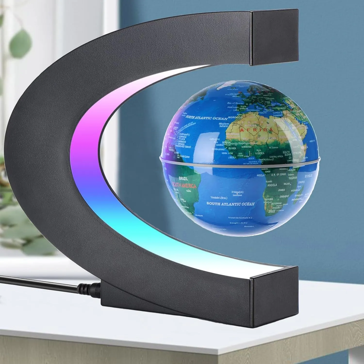 Magnetic Levitation Floating Globe with LED Lights 3 inch Map Globe with C Shape Base for Educational Home Office Desk Bookshelf Decor, Cool Tech Gift for Business Men Father Boys (Blue)