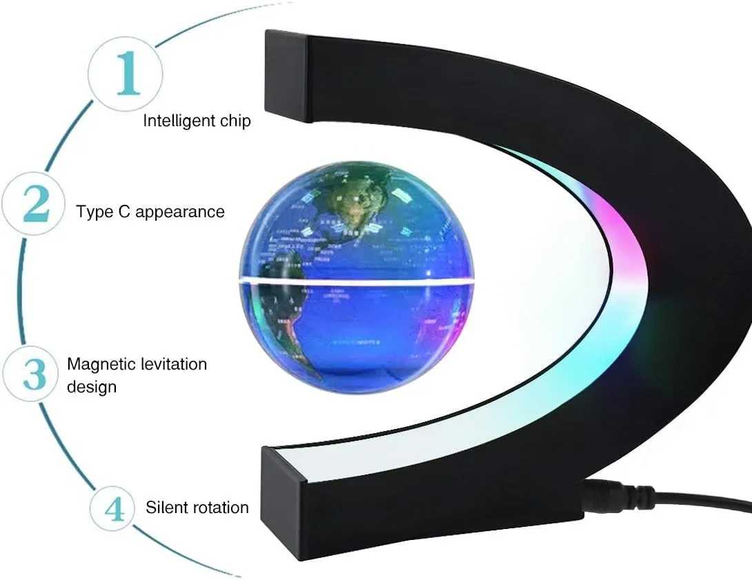 Magnetic Levitation Floating Globe with LED Lights 3 inch Map Globe with C Shape Base for Educational Home Office Desk Bookshelf Decor, Cool Tech Gift for Business Men Father Boys (Blue)
