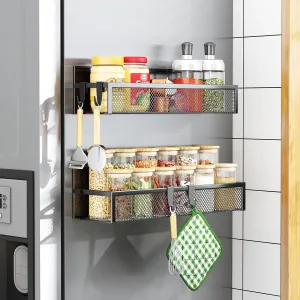 Magnetic Spice Rack for Refrigerator, 2 Pack Magnetic Shelf, Fridge Magnet Organizer with Moveable 4 Hooks, Magnet Fridge Shelf for Kitchen Organization and Storage (2 Pack)