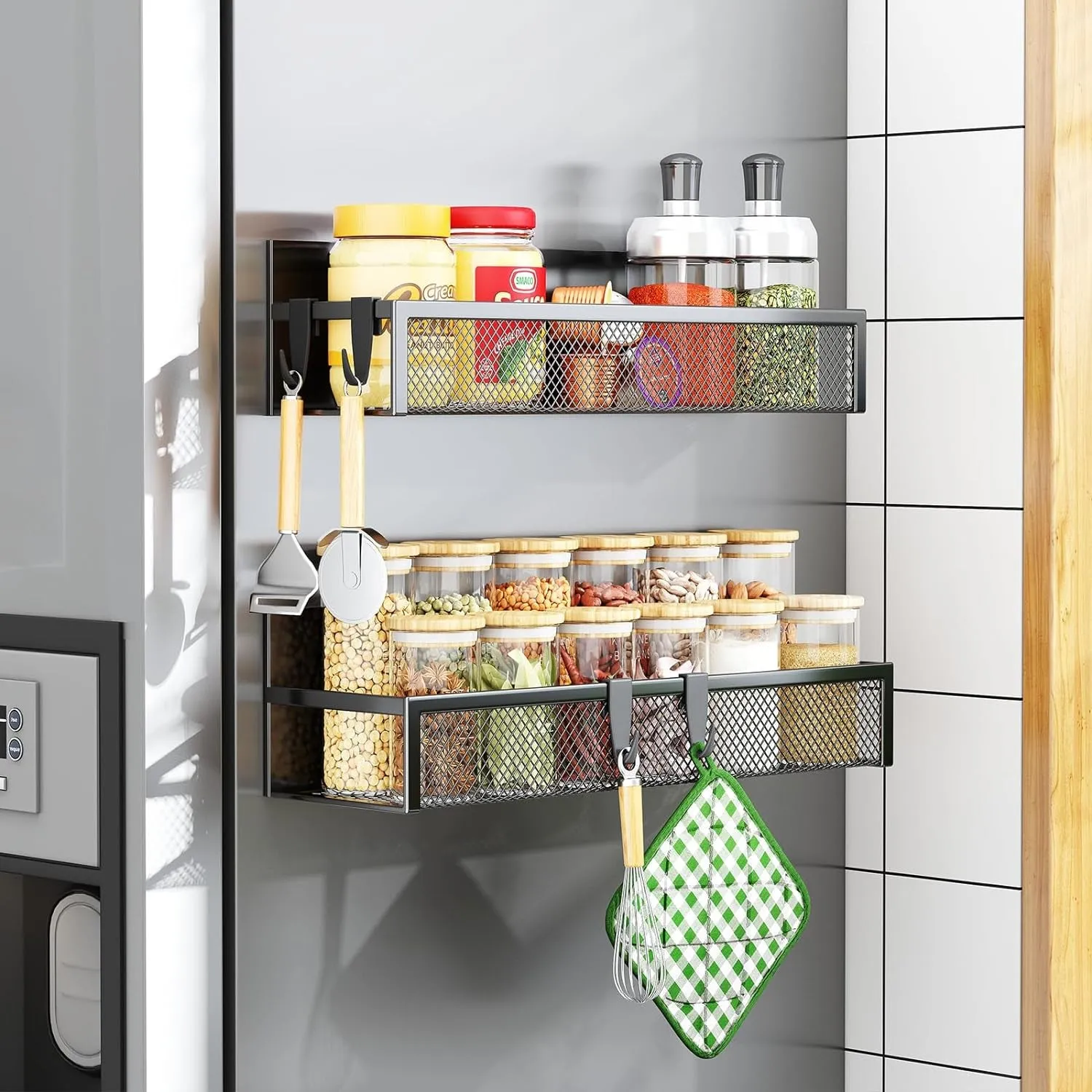 Magnetic Spice Rack for Refrigerator, 2 Pack Magnetic Shelf, Fridge Magnet Organizer with Moveable 4 Hooks, Magnet Fridge Shelf for Kitchen Organization and Storage (2 Pack)