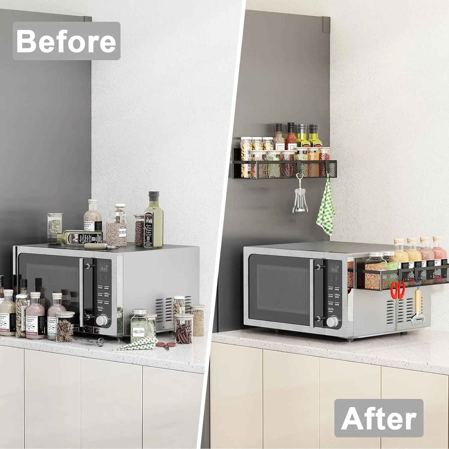 Magnetic Spice Rack for Refrigerator, 2 Pack Magnetic Shelf, Fridge Magnet Organizer with Moveable 4 Hooks, Magnet Fridge Shelf for Kitchen Organization and Storage (2 Pack)