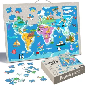 Magnetic World Map Puzzles for Kids Ages 3-4-5-8-12, 168 Pieces with Magnetic Board Wall Mounted Puzzle, Geography Games Educational Toys Best Gift for Boys and Girls 3  Years Old
