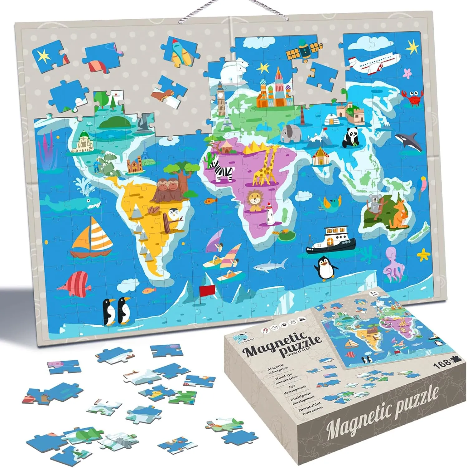 Magnetic World Map Puzzles for Kids Ages 3-4-5-8-12, 168 Pieces with Magnetic Board Wall Mounted Puzzle, Geography Games Educational Toys Best Gift for Boys and Girls 3  Years Old
