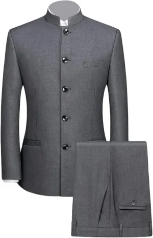Maiyifu-GJ Men 2 Pieces Chinese Tunic Suit Mandarin Collar Blazer Set Button Jacket Pant Set Traditional Uniform Groom Dress