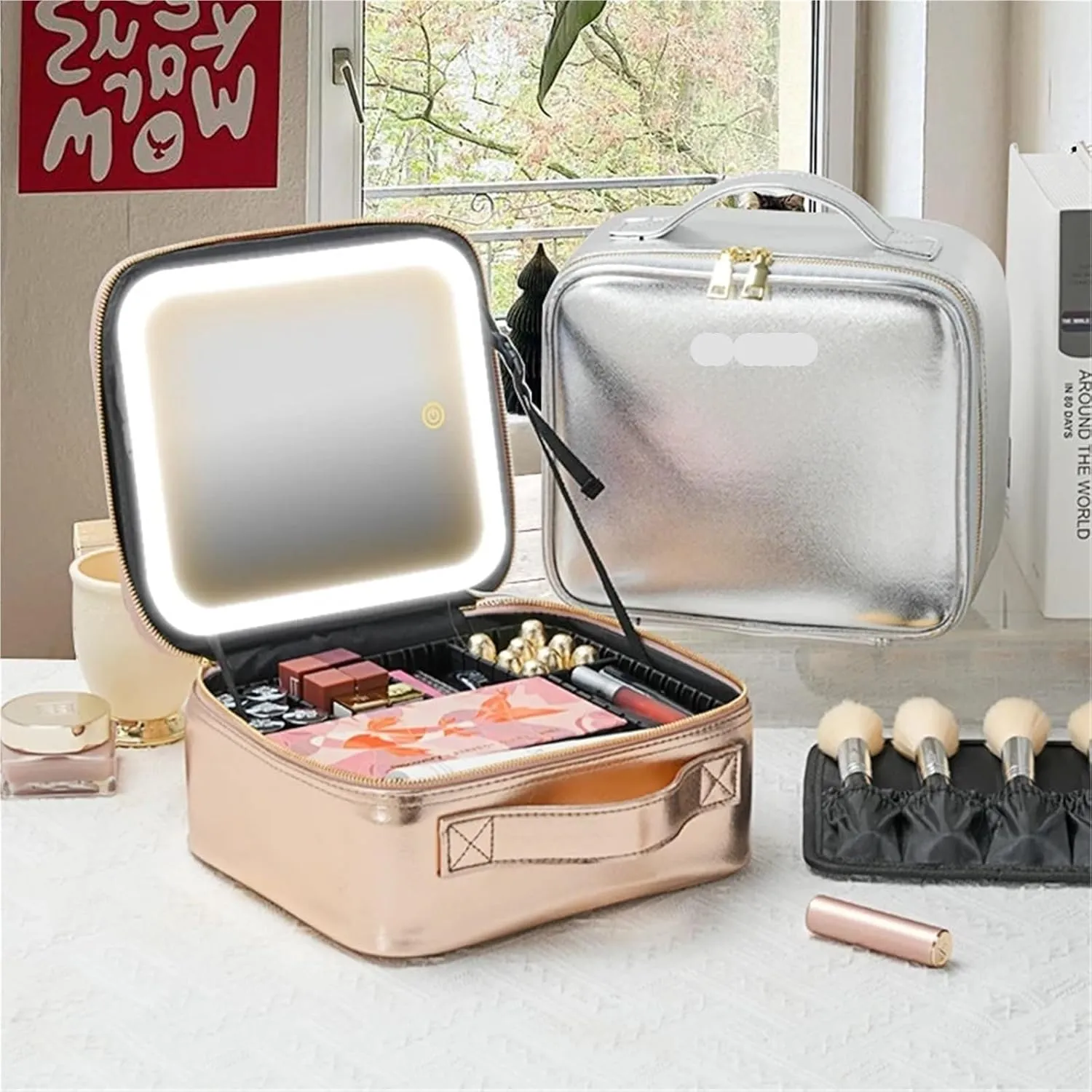Makeup Bag with Mirror Makeup Case With Illuminated Mirror Makeup Train Organizer With Partition Design And 3 Adjustable Brightness Levels(ROSE GOLD)