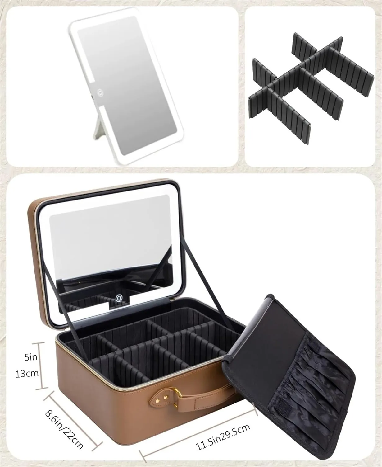 Makeup Bag with Mirror Smart LED Cosmetic Case with Mirror Cosmetic Bag Large Capacity Fashion Portable Storage Bag Travel Makeup Bag for Women(Brown)