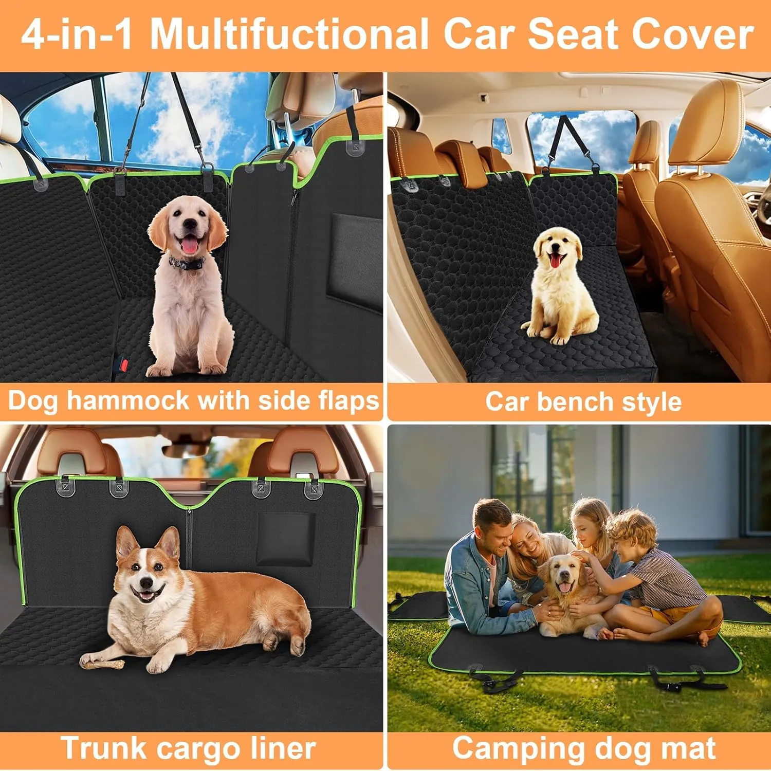 Mancro Dog Car Seat Cover for Back Seat, Waterproof Car Seat Protector for Dogs with Side Flaps, Scratchproof Dog Hammock with Nonslip Bottom for SUVs, Standard(54" Wx55 L) Green