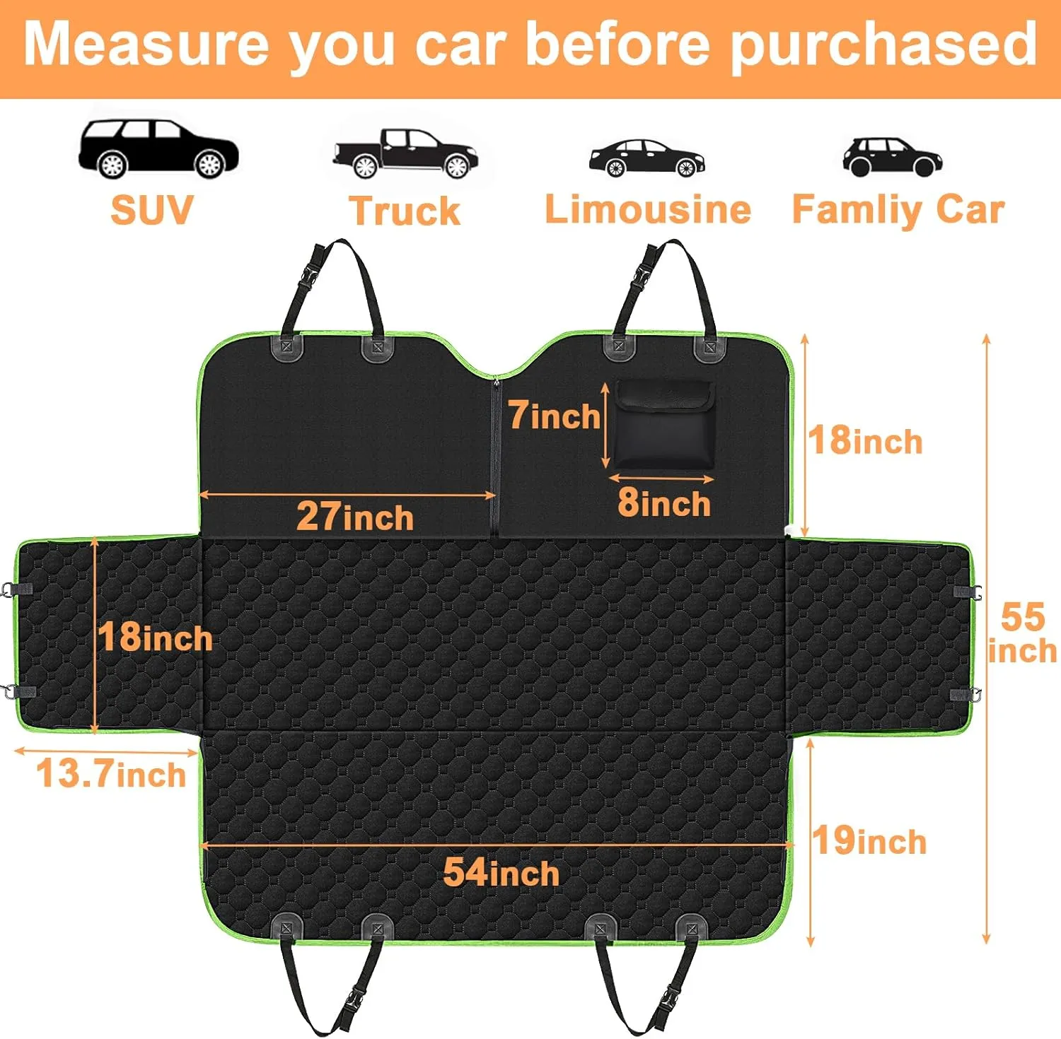 Mancro Dog Car Seat Cover for Back Seat, Waterproof Car Seat Protector for Dogs with Side Flaps, Scratchproof Dog Hammock with Nonslip Bottom for SUVs, Standard(54" Wx55 L) Green