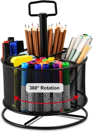 Marbrasse Mesh Desk Organizer, 360-Degree Rotating Multi-Functional Pen Holder, 4 Compartments Desktop Stationary Organizer, Home Office Art Supply Storage Box Caddy (Black)
