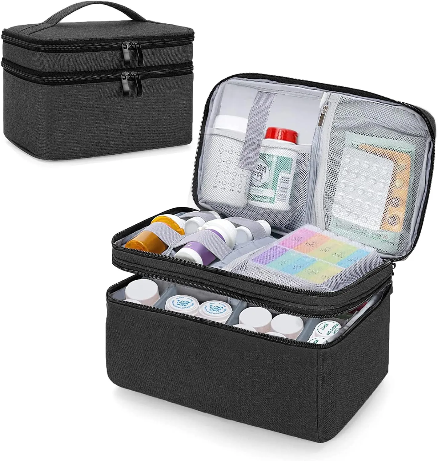Medicine Storage Organizer Bag Empty, Travel Medicine Bag Pill Bottle Organizer Box, Home Medication Bag for Pills, Vitamin, Fish Oil, Medical Supplies for Women and Men, Black