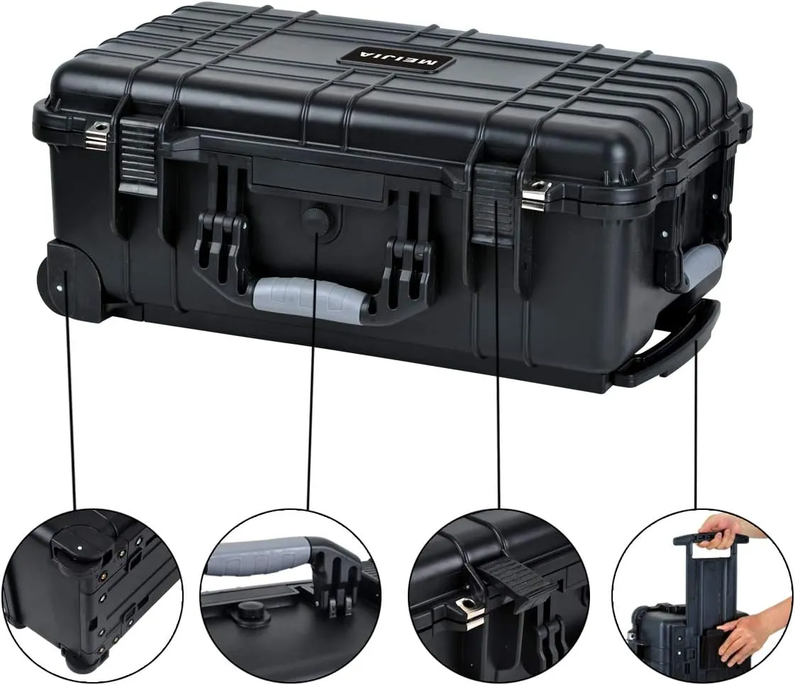 MEIJIA All Weather Rolling Waterproof Protective Case, Hard Camera Case,Dry Case with Retractable Pull Handle and Wheels,Foam Inserted, Elegant Black,22 x13.81x9inches