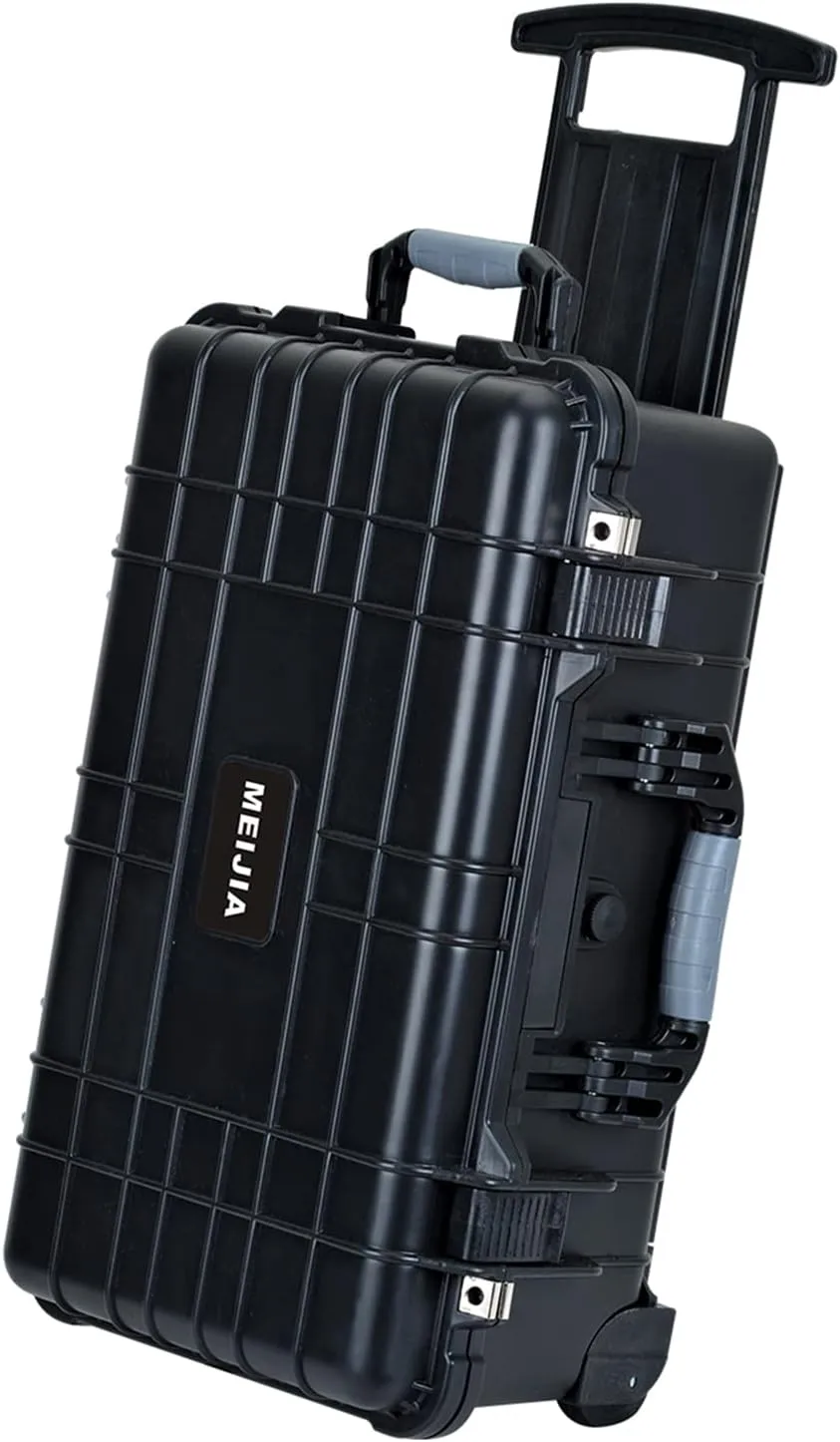 MEIJIA All Weather Rolling Waterproof Protective Case, Hard Camera Case,Dry Case with Retractable Pull Handle and Wheels,Foam Inserted, Elegant Black,22 x13.81x9inches