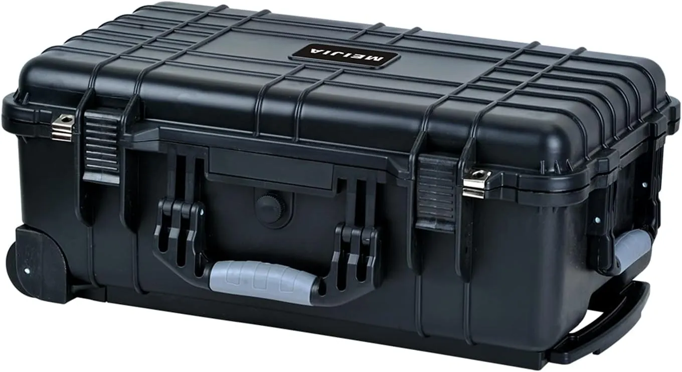 MEIJIA All Weather Rolling Waterproof Protective Case, Hard Camera Case,Dry Case with Retractable Pull Handle and Wheels,Foam Inserted, Elegant Black,22 x13.81x9inches