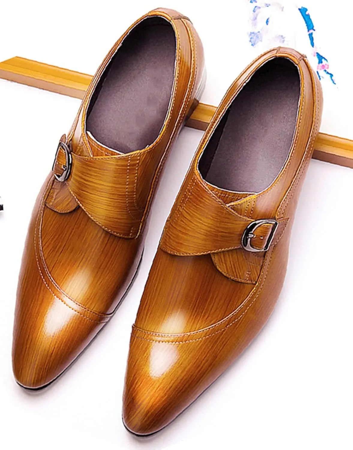 Men's Genuine Leather Monk Strap Dress Shoes - Classic Pointed Toe Oxfords for Business Formal & Wedding - Buckle Closure Dress Shoes