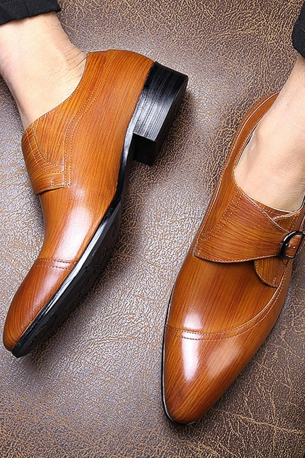 Men's Genuine Leather Monk Strap Dress Shoes - Classic Pointed Toe Oxfords for Business Formal & Wedding - Buckle Closure Dress Shoes