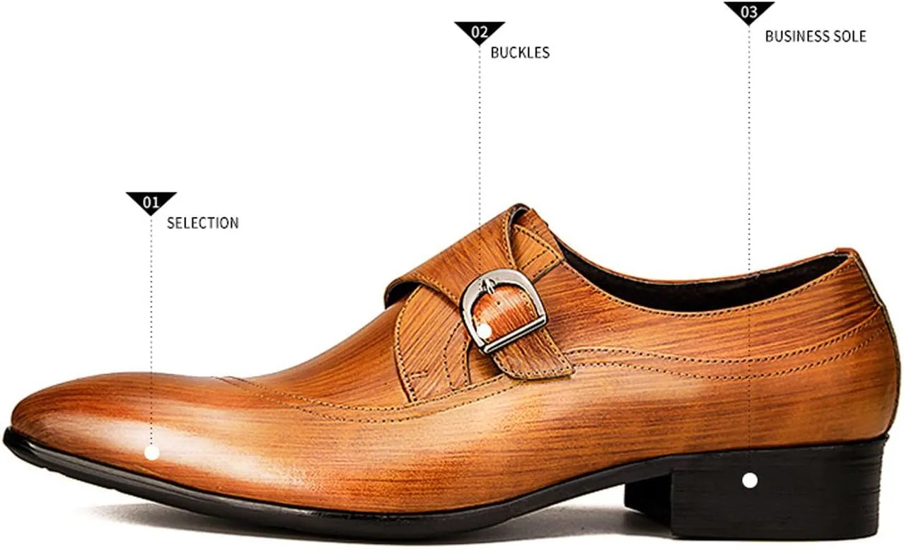 Men's Genuine Leather Monk Strap Dress Shoes - Classic Pointed Toe Oxfords for Business Formal & Wedding - Buckle Closure Dress Shoes
