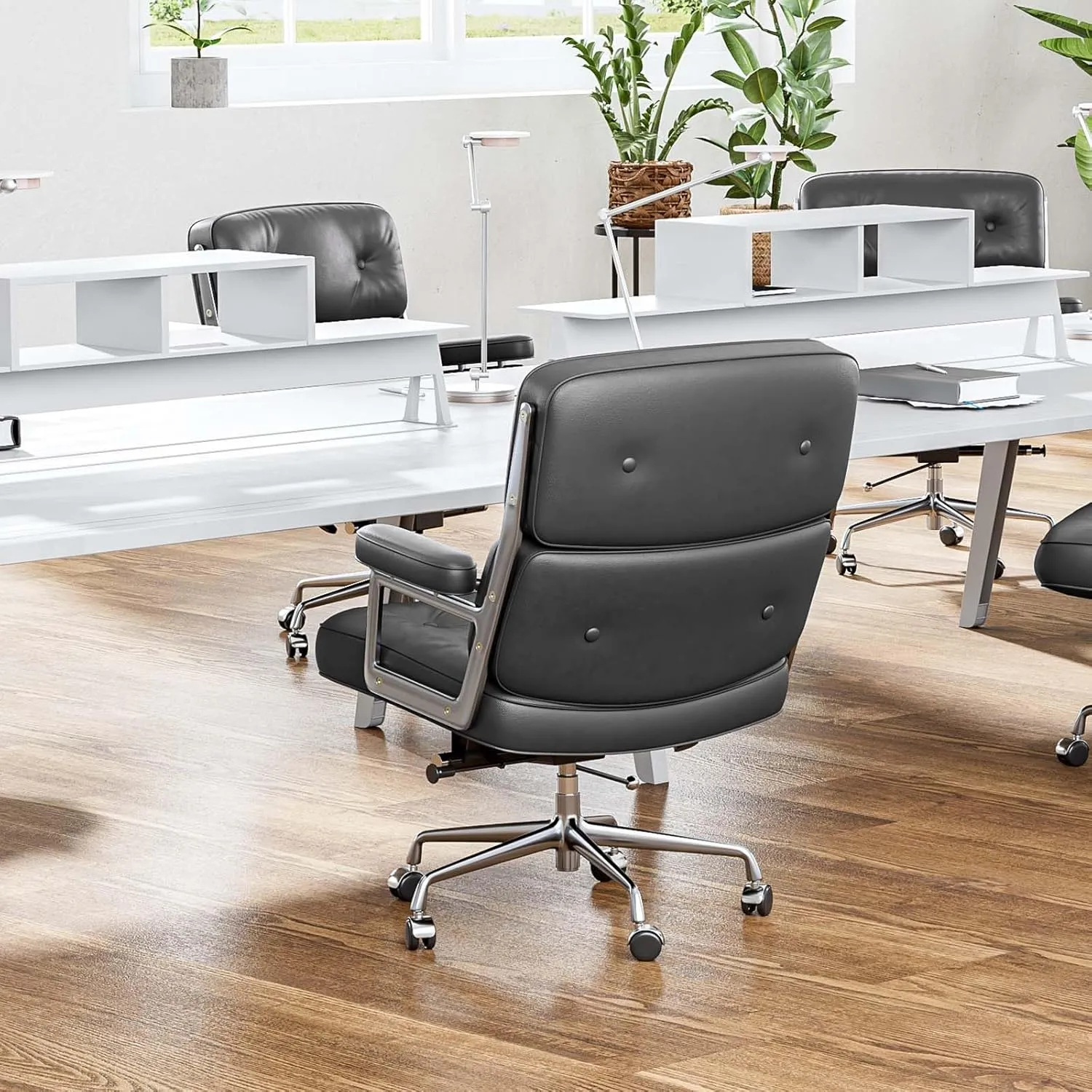 Mid Back Genuine Leather Home Office Chair, Ergonomic Executive Desk Chair with Aluminum Arms and Wheels, Thickened Backrest and Lumbar Support, 19"~22" Adjustable Seat Height, 360° Swivelable, Black