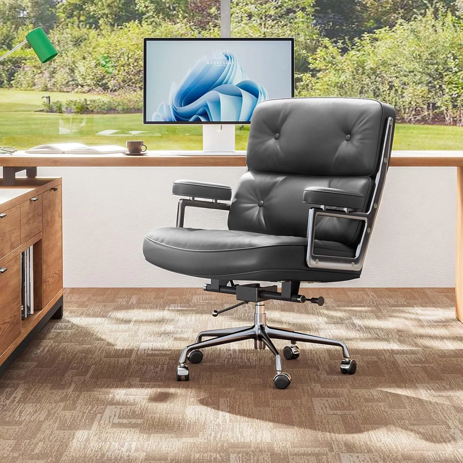 Mid Back Genuine Leather Home Office Chair, Ergonomic Executive Desk Chair with Aluminum Arms and Wheels, Thickened Backrest and Lumbar Support, 19"~22" Adjustable Seat Height, 360° Swivelable, Black