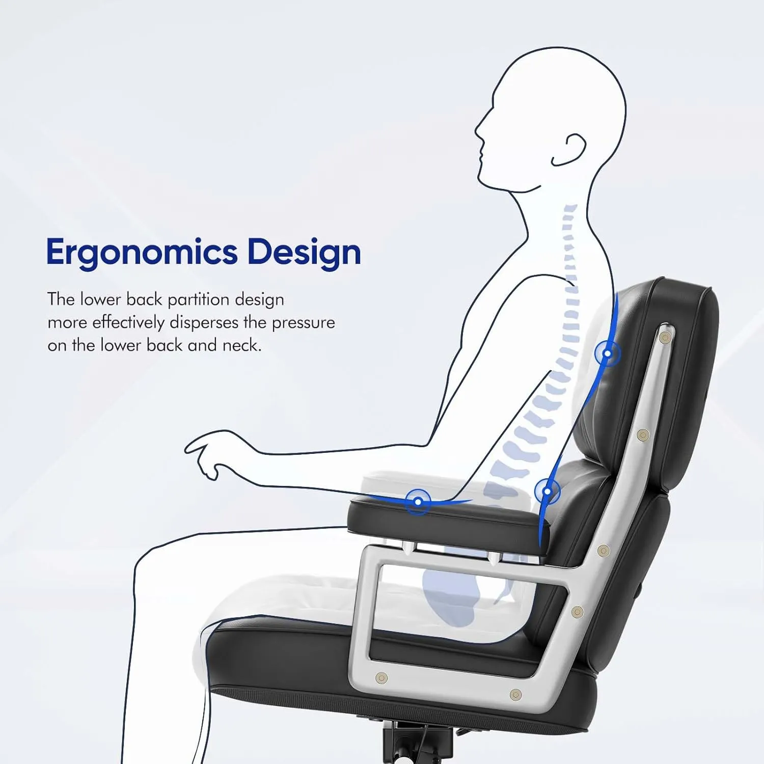 Mid Back Genuine Leather Home Office Chair, Ergonomic Executive Desk Chair with Aluminum Arms and Wheels, Thickened Backrest and Lumbar Support, 19"~22" Adjustable Seat Height, 360° Swivelable, Black