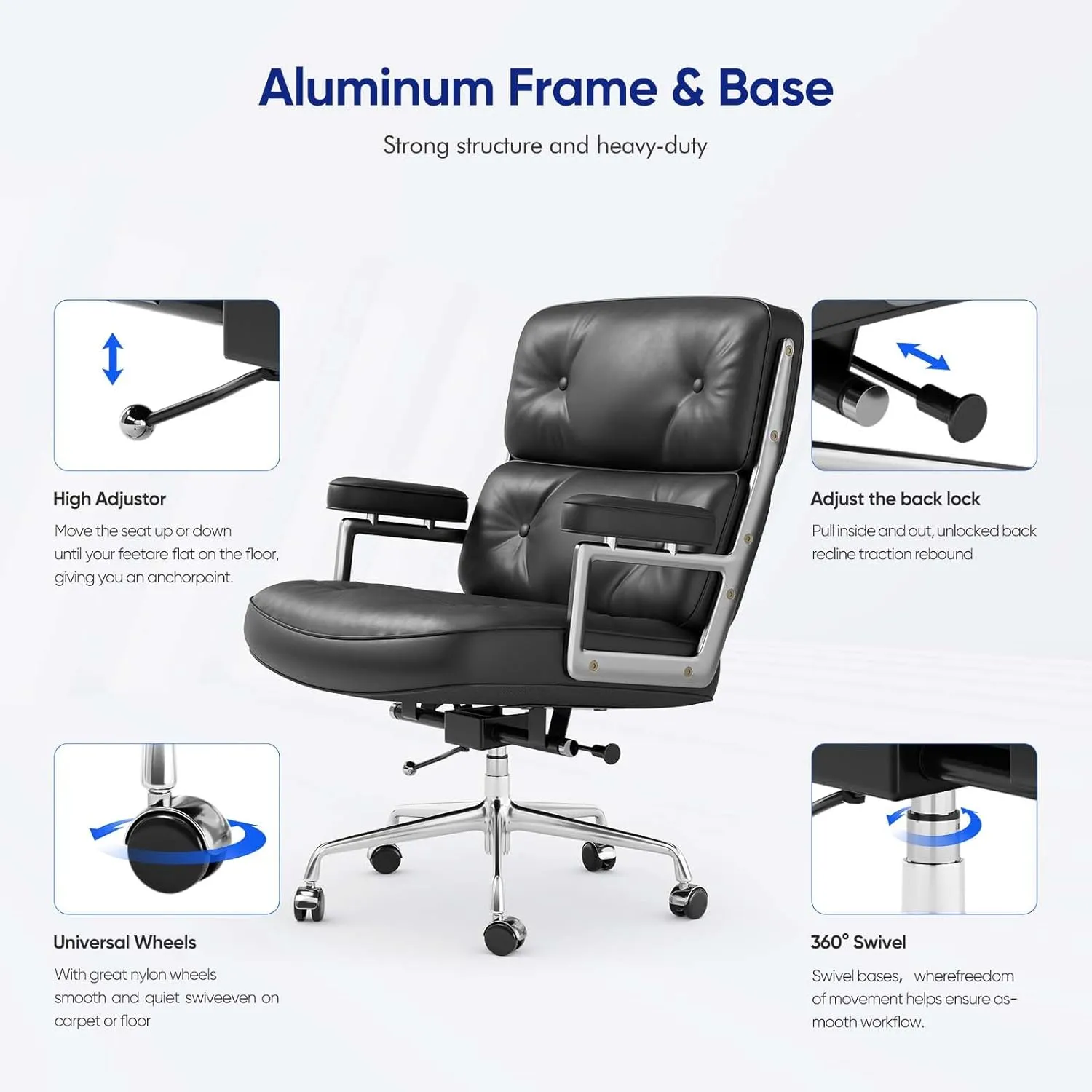 Mid Back Genuine Leather Home Office Chair, Ergonomic Executive Desk Chair with Aluminum Arms and Wheels, Thickened Backrest and Lumbar Support, 19"~22" Adjustable Seat Height, 360° Swivelable, Black