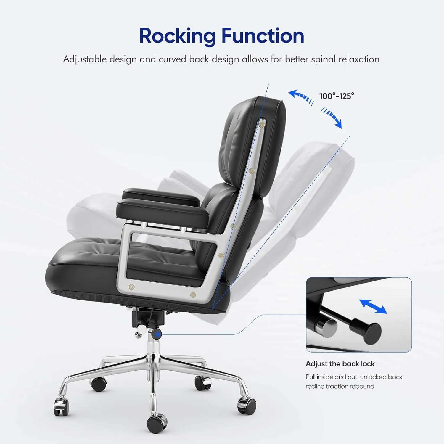 Mid Back Genuine Leather Home Office Chair, Ergonomic Executive Desk Chair with Aluminum Arms and Wheels, Thickened Backrest and Lumbar Support, 19"~22" Adjustable Seat Height, 360° Swivelable, Black