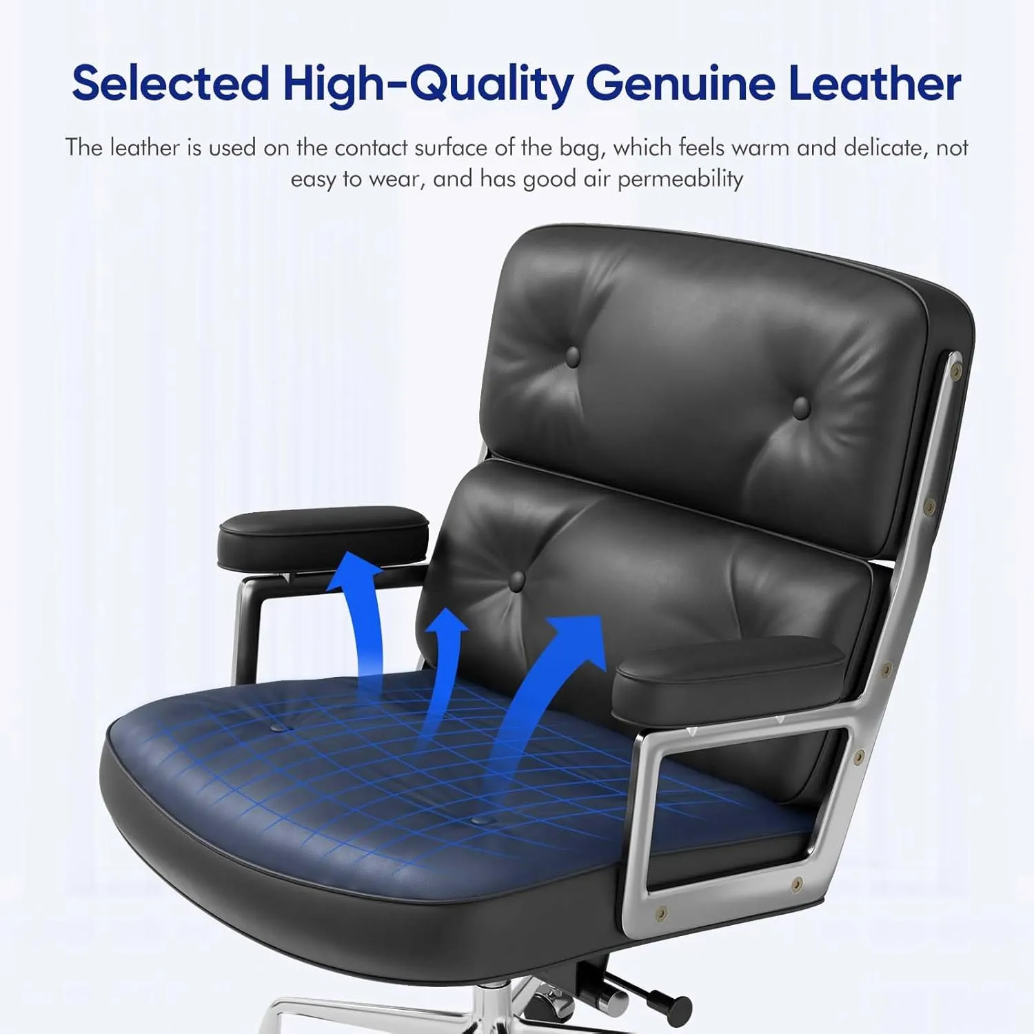 Mid Back Genuine Leather Home Office Chair, Ergonomic Executive Desk Chair with Aluminum Arms and Wheels, Thickened Backrest and Lumbar Support, 19"~22" Adjustable Seat Height, 360° Swivelable, Black