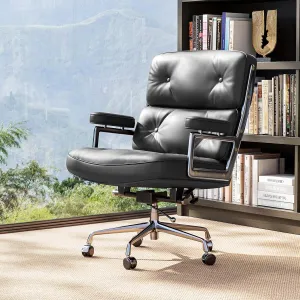 Mid Back Genuine Leather Home Office Chair, Ergonomic Executive Desk Chair with Aluminum Arms and Wheels, Thickened Backrest and Lumbar Support, 19"~22" Adjustable Seat Height, 360° Swivelable, Black