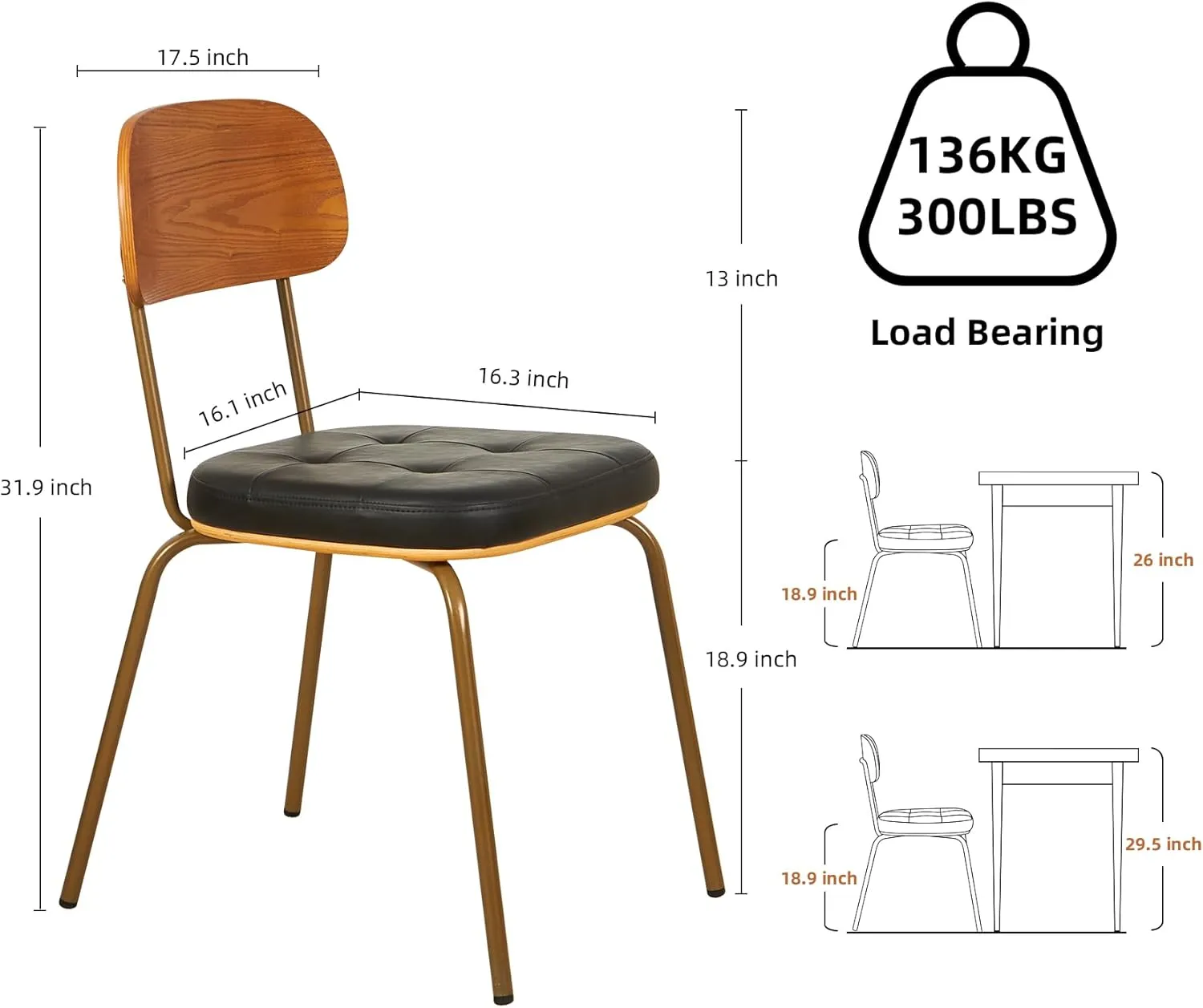 mid Century Modern Retro Faux Leather Dining Chairs Set of 2, Upholstered Seat Solid Wood backrests Metal Plated Legs with Black Foot Mats for Kitchen Dining Room (Blcak, Set of 2)