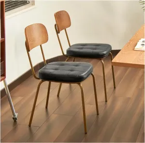 mid Century Modern Retro Faux Leather Dining Chairs Set of 2, Upholstered Seat Solid Wood backrests Metal Plated Legs with Black Foot Mats for Kitchen Dining Room (Blcak, Set of 2)