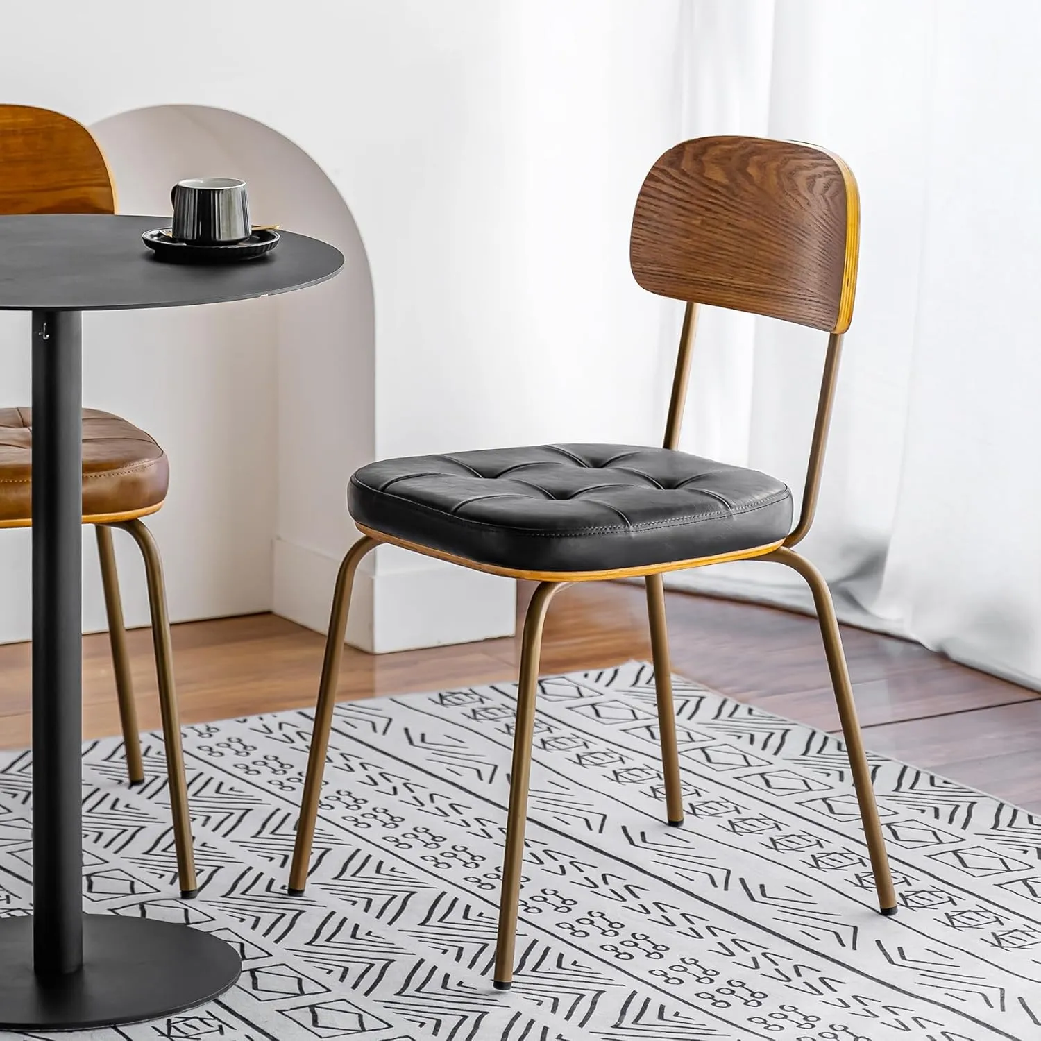mid Century Modern Retro Faux Leather Dining Chairs Set of 2, Upholstered Seat Solid Wood backrests Metal Plated Legs with Black Foot Mats for Kitchen Dining Room (Blcak, Set of 2)