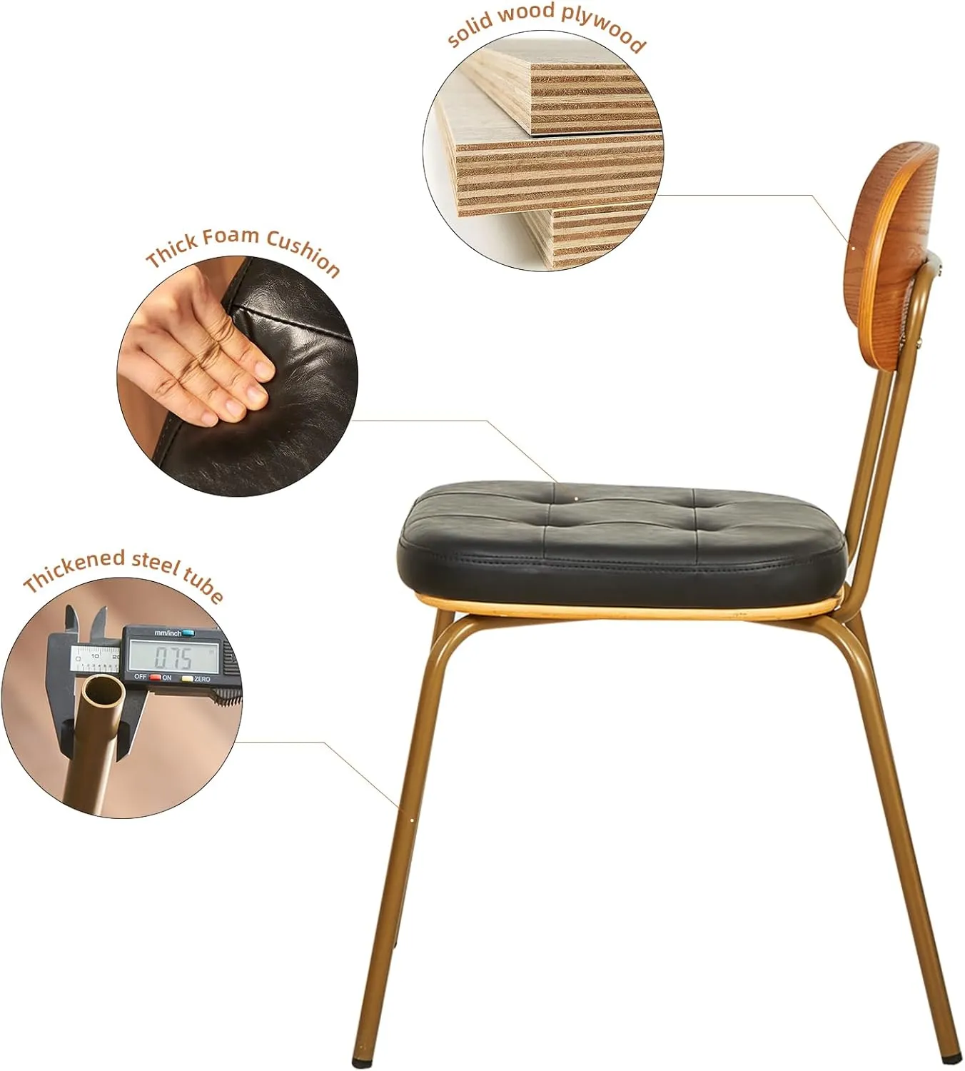 mid Century Modern Retro Faux Leather Dining Chairs Set of 2, Upholstered Seat Solid Wood backrests Metal Plated Legs with Black Foot Mats for Kitchen Dining Room (Blcak, Set of 2)