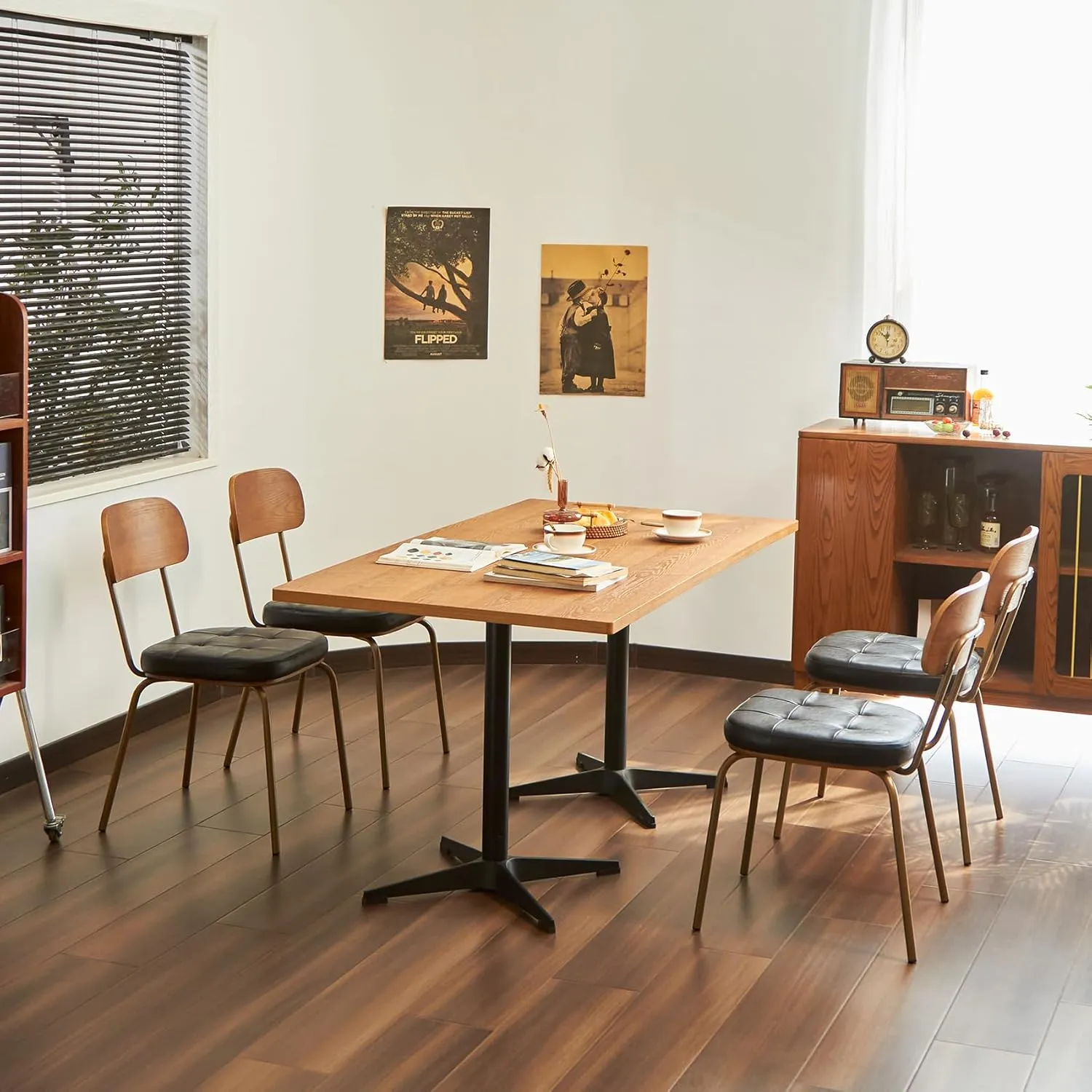 mid Century Modern Retro Faux Leather Dining Chairs Set of 2, Upholstered Seat Solid Wood backrests Metal Plated Legs with Black Foot Mats for Kitchen Dining Room (Blcak, Set of 2)