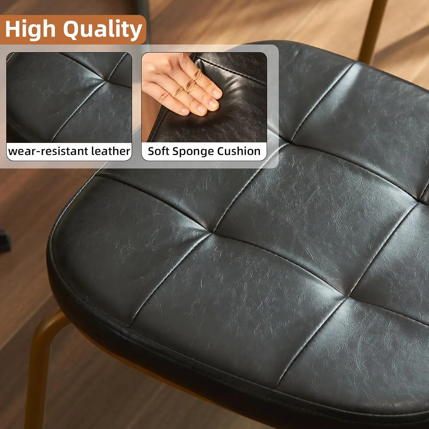 mid Century Modern Retro Faux Leather Dining Chairs Set of 2, Upholstered Seat Solid Wood backrests Metal Plated Legs with Black Foot Mats for Kitchen Dining Room (Blcak, Set of 2)