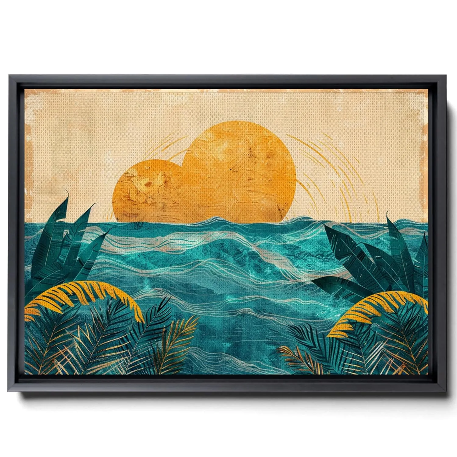 Mid-Century Modern Tropical Sunrise Island Banana Leaf, Moon Decor, Botanical Flower, Nature & Wilderness Artwork, Floral Botanical Decor, Canvas, Canvas Prints