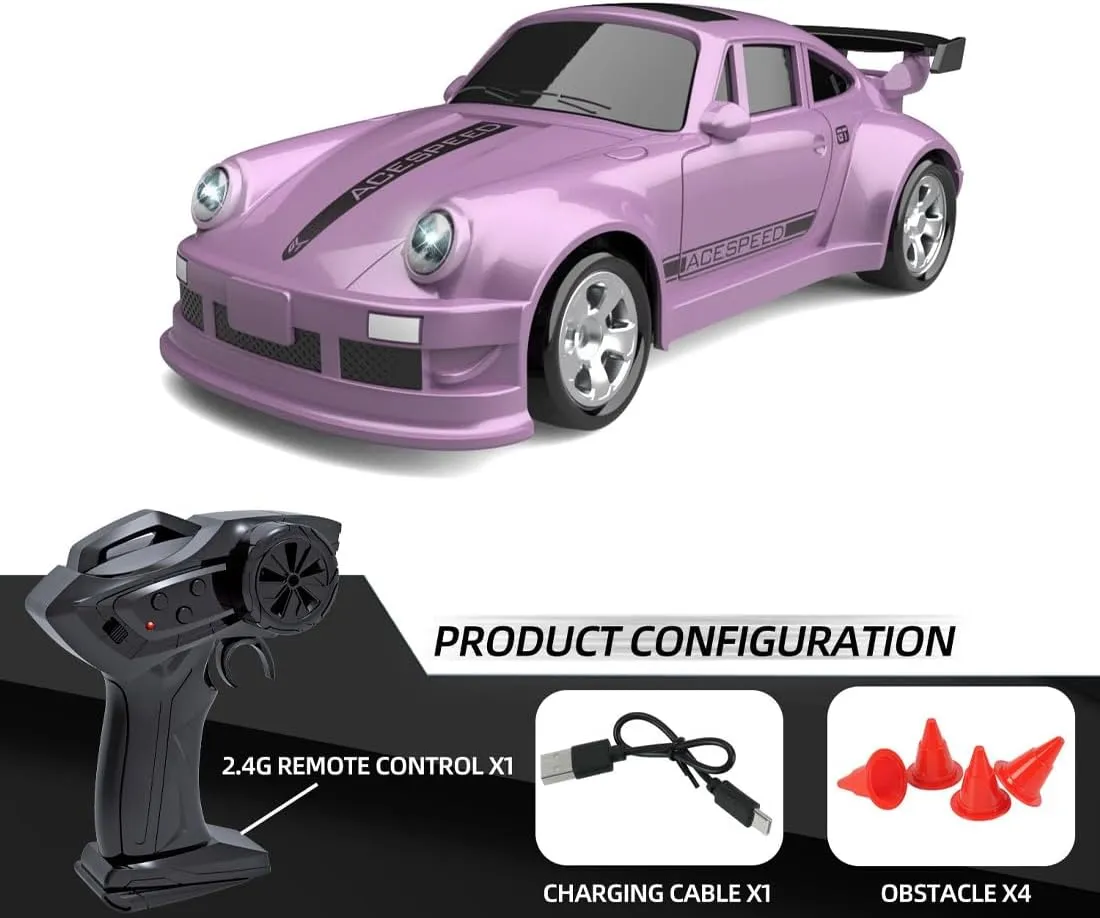 Mini RC Drift Car, 1/64 Scale 4WD Proportional Control 15KM/H RC Car with LED Lights, Ideal Gift for Adults