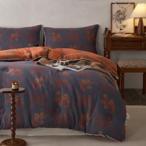 mixinni Vintage Floral Comforter Set Twin XL Size, All Seasons Muslin Cotton Bedding Set, 3 Pieces Farmhouse Shabby Chic Jacquard Floral Comforter Set Perfect for Women and Men-Grayish Blue/Pumpkin