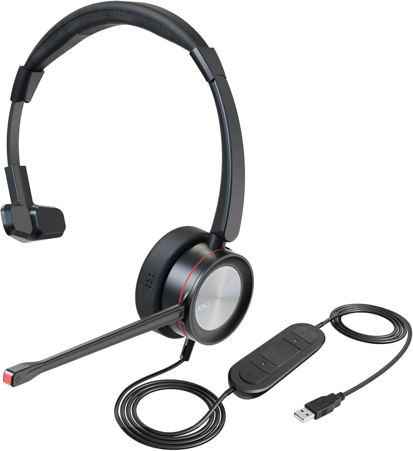 MKJ USB Headset with Microphone, Noise Canceling Computer Headset for Call Center & Office, PC Headphone for Teams, Zoom, Webex, Wired, Black