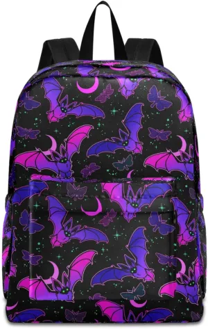 MNSRUU Student Backpack for School Purple Bat Gothic Laptop Backpack Aesthetic Girls Boys School Bookbags Casual Daypack Backpack Fits 15.6 Inch Laptop