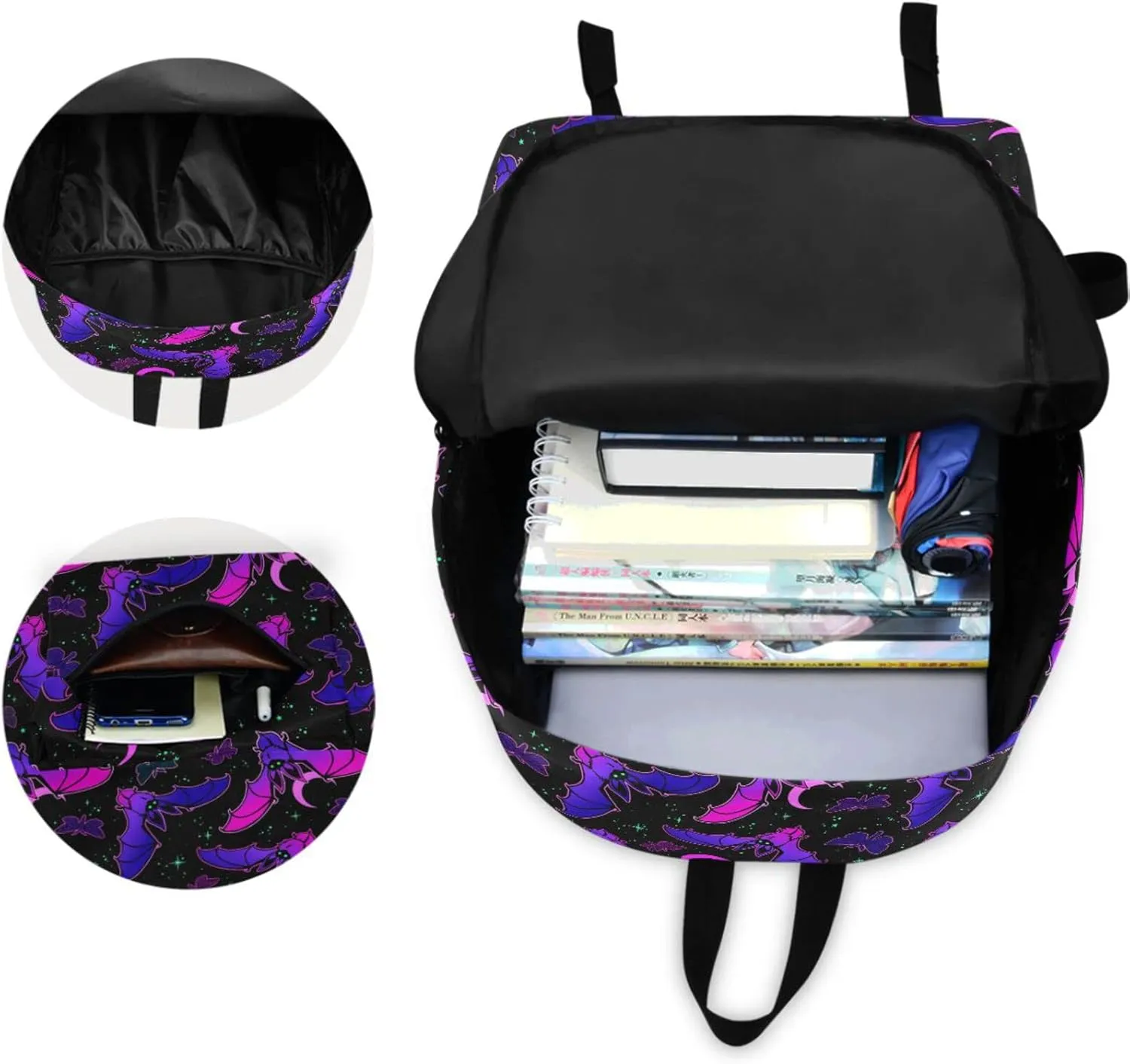 MNSRUU Student Backpack for School Purple Bat Gothic Laptop Backpack Aesthetic Girls Boys School Bookbags Casual Daypack Backpack Fits 15.6 Inch Laptop