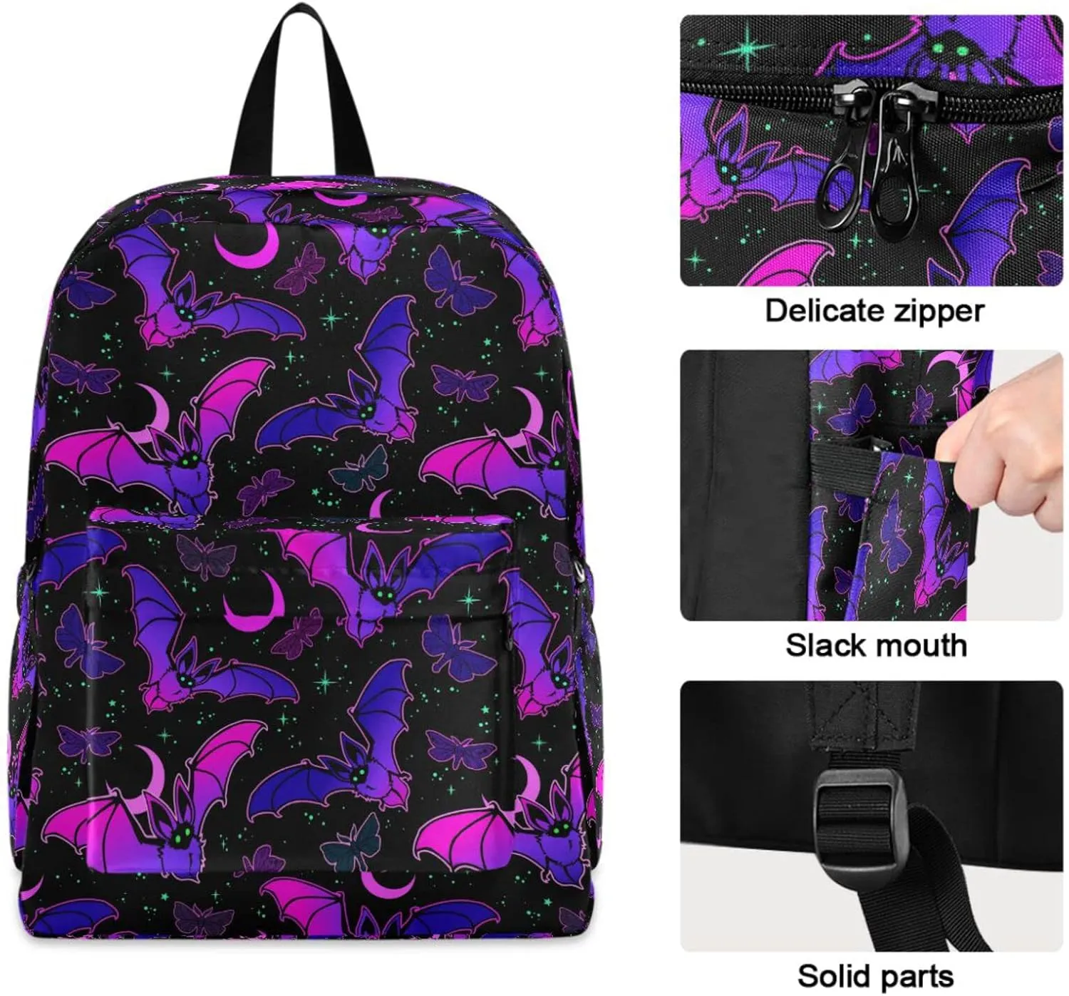 MNSRUU Student Backpack for School Purple Bat Gothic Laptop Backpack Aesthetic Girls Boys School Bookbags Casual Daypack Backpack Fits 15.6 Inch Laptop
