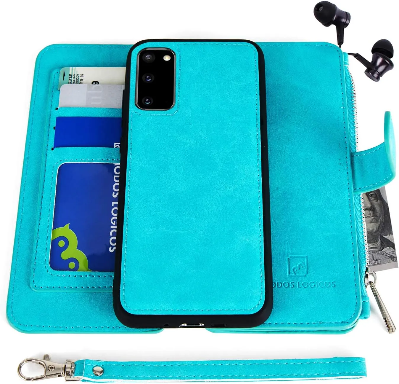 MODOS LOGICOS Case for Samsung Galaxy S20, [Detachable Wallet Folio][2 in 1][Zipper Cash Storage][Up to 14 Card Slots 1 Photo Window] PU Leather Purse with Removable Inner Magnetic TPU Case - Teal
