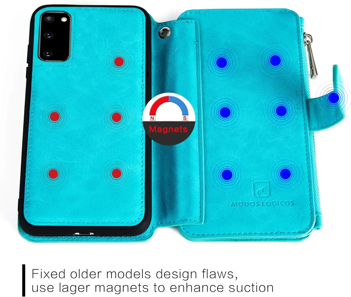 MODOS LOGICOS Case for Samsung Galaxy S20, [Detachable Wallet Folio][2 in 1][Zipper Cash Storage][Up to 14 Card Slots 1 Photo Window] PU Leather Purse with Removable Inner Magnetic TPU Case - Teal